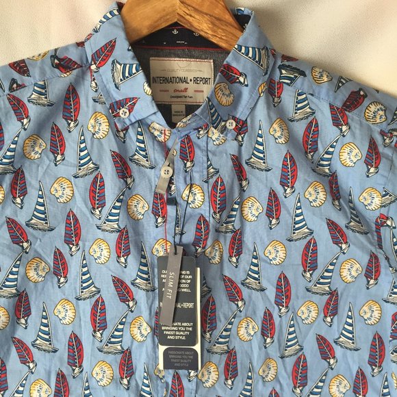 Sailboat Print Short-Sleeve Button-Up Shirt S/Blue - Picture 3 of 12